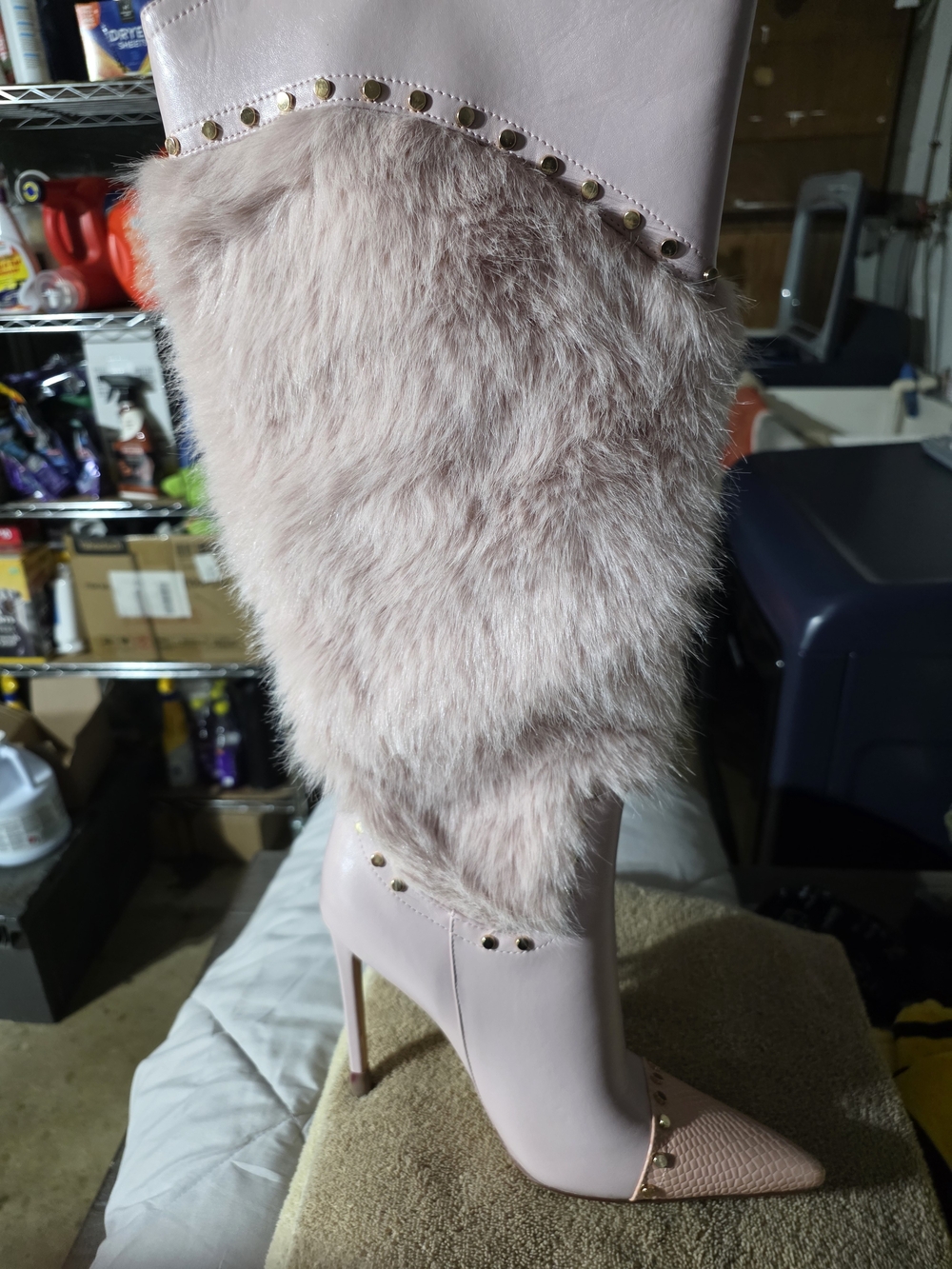 Sharp Faux-Fur Stiletto Knee Boot in Blush Pink with Stud Detail